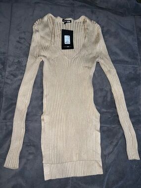 Fashion Nova Beige Ribbed Long Sleeve Mini Dress